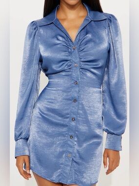 Shimmer Satin Ruched Button-Front Long Sleeve Dress in Light Blue